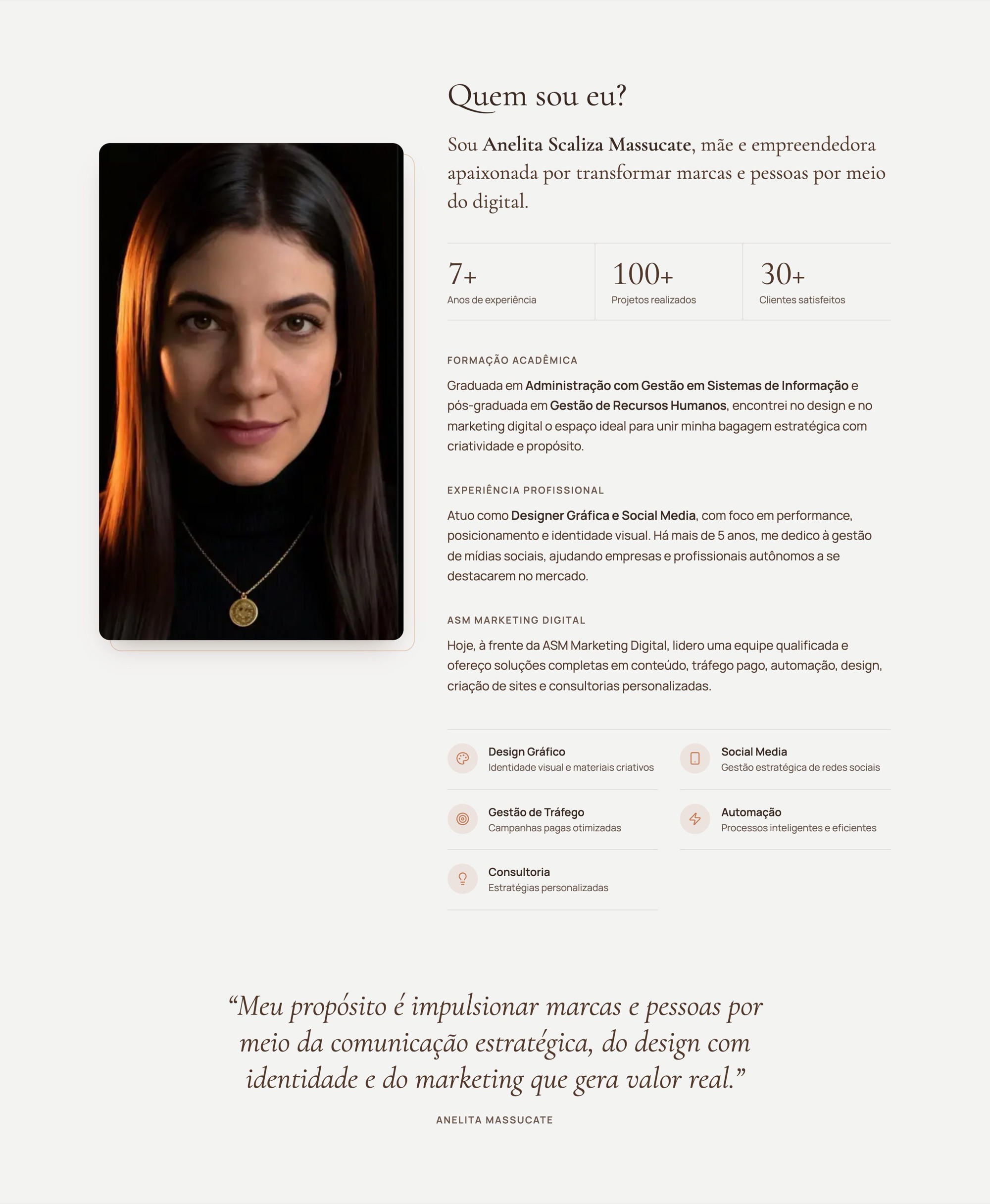 Seção "Quem sou eu?" com retrato da Anelita, números de experiência, formação, experiência profissional, especialidades e a citação em itálico