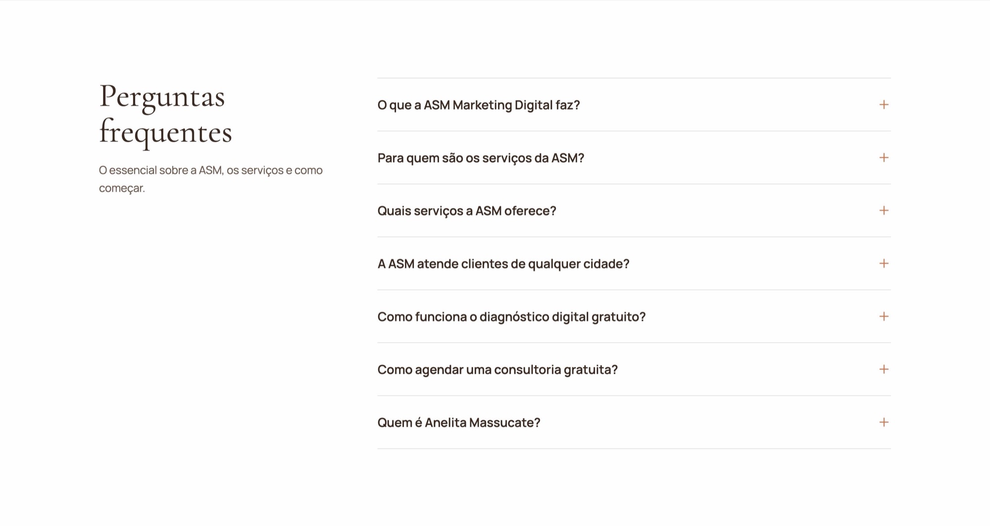 Seção "Perguntas frequentes" com sete perguntas em acordeão sobre a ASM, os serviços, o diagnóstico e a fundadora