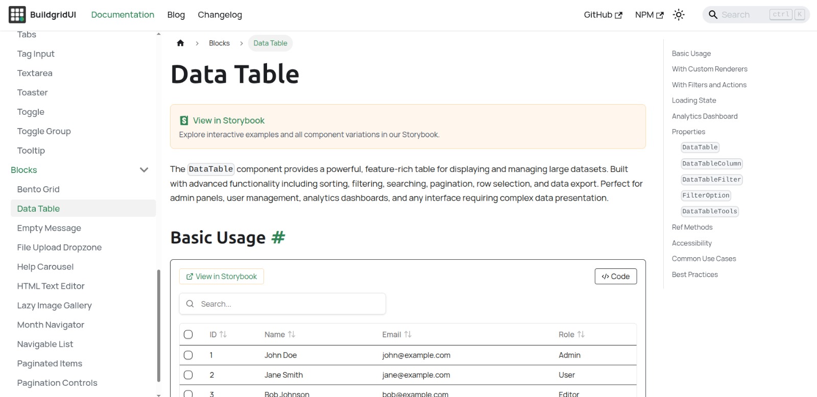 Data Table component