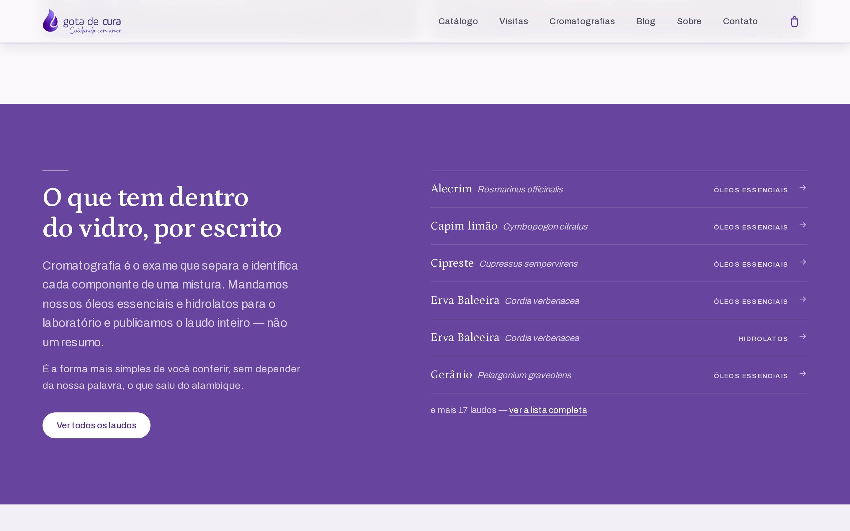Seção de cromatografias com lista de laudos por planta e nome científico