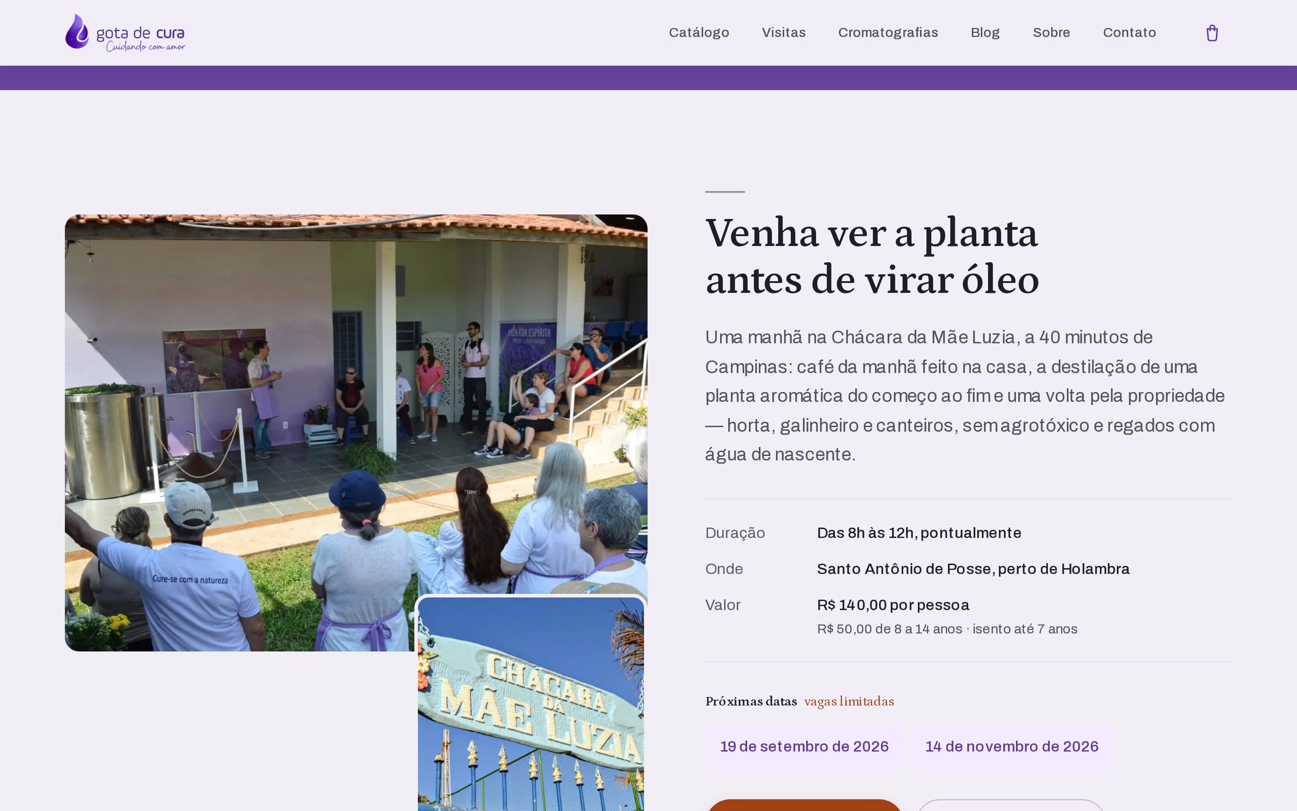 Seção de visitação à Chácara da Mãe Luzia com duração, local, valores e próximas datas