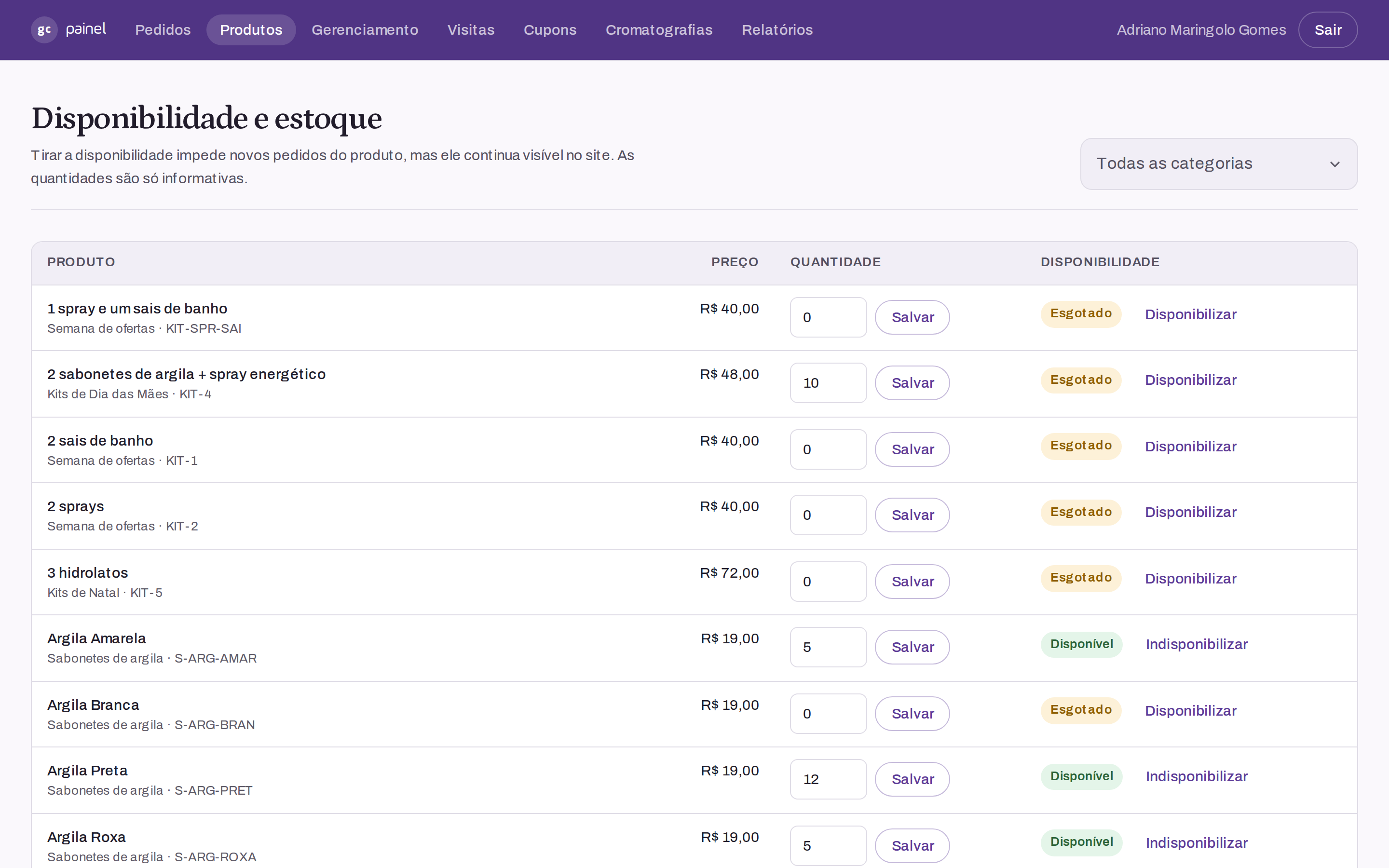 Tela de disponibilidade e estoque no painel administrativo