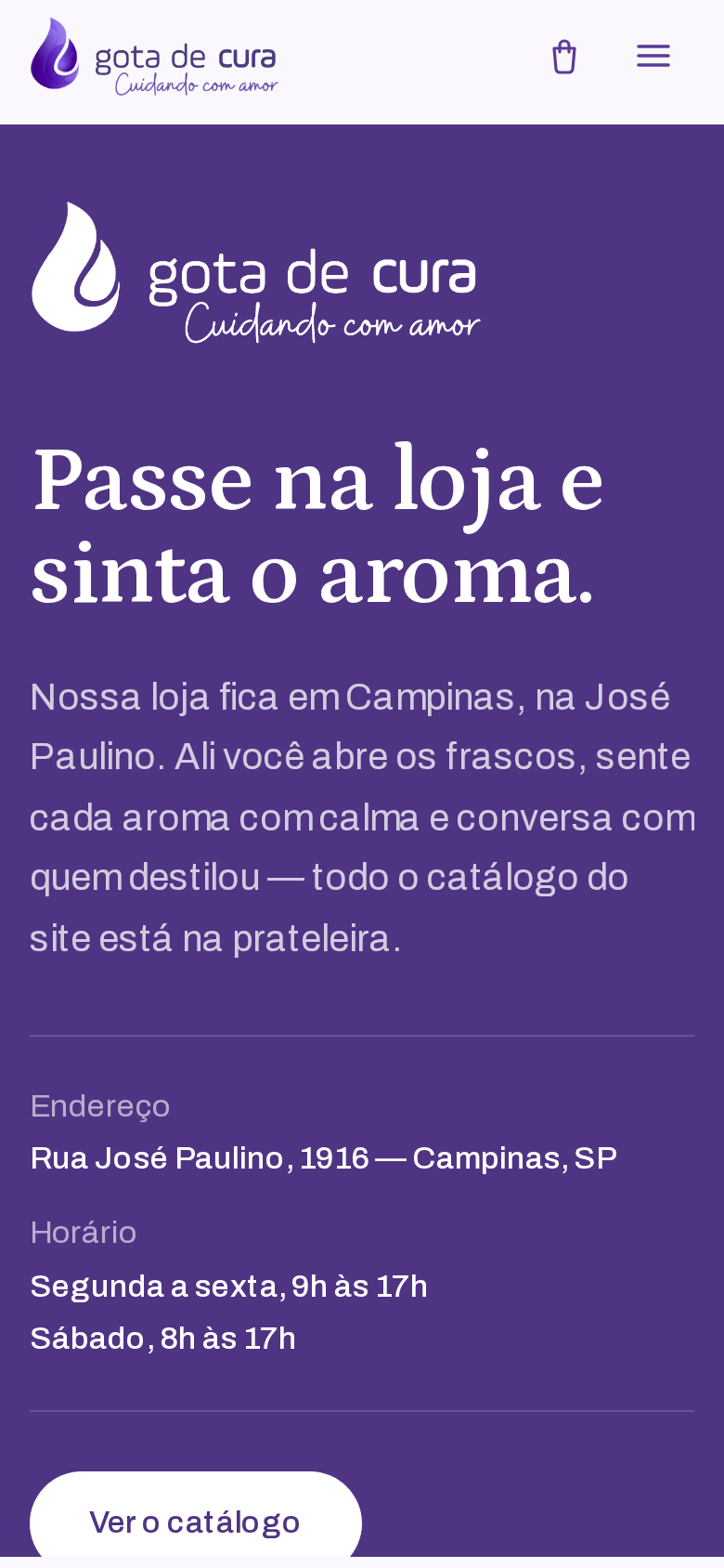 Versão mobile da homepage da Gota de Cura