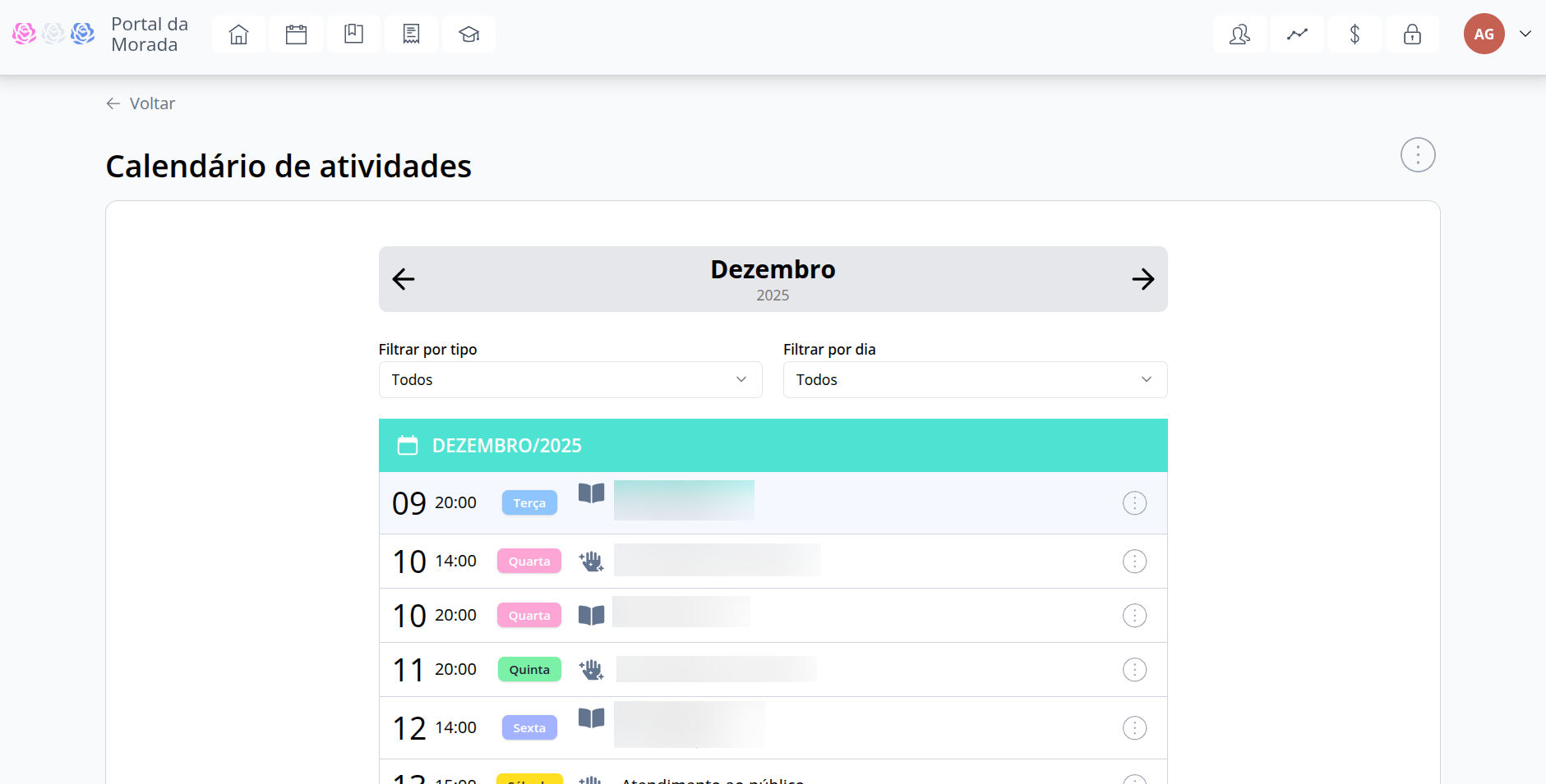 Calendário de atividades