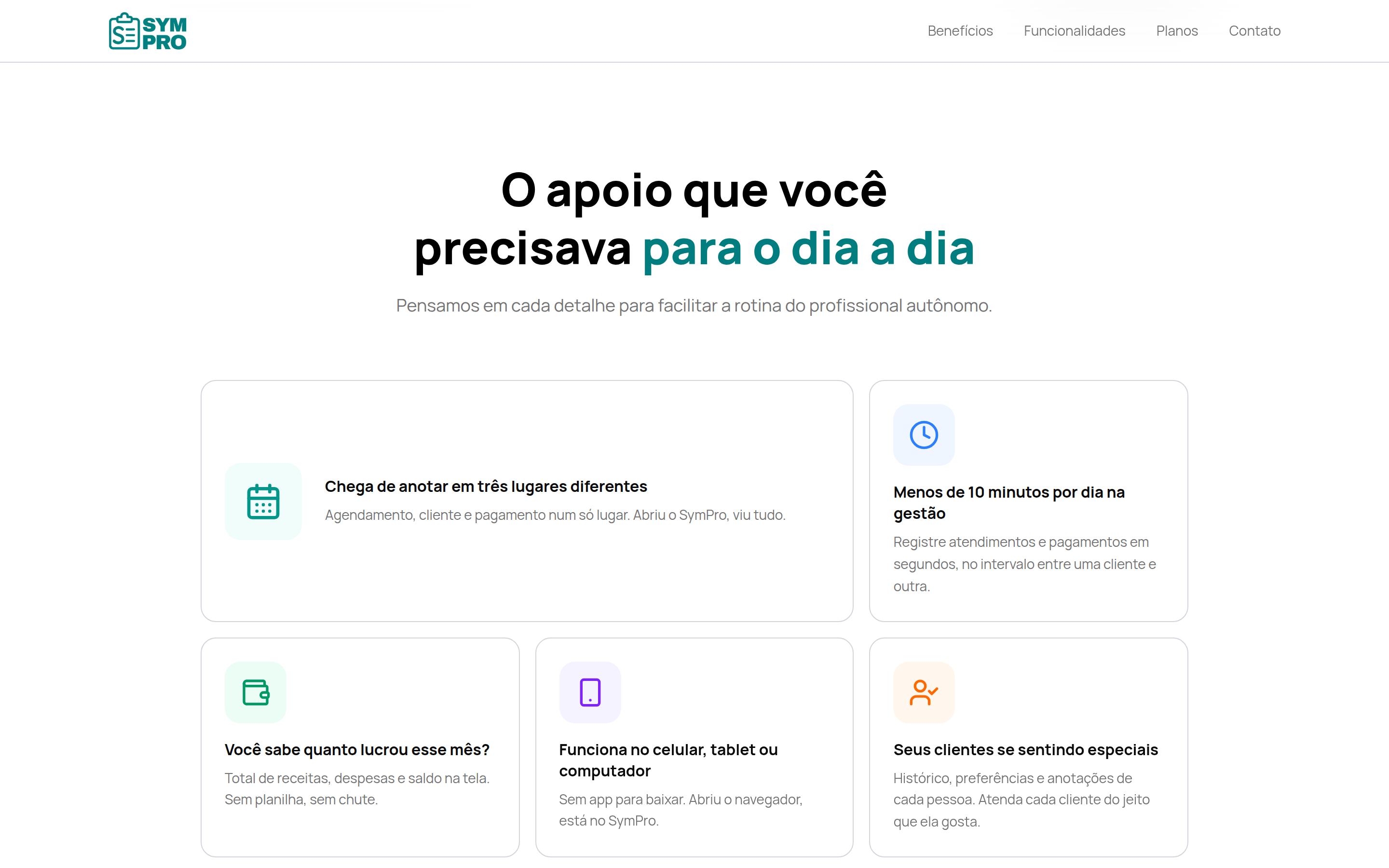 Seção de benefícios do SymPro