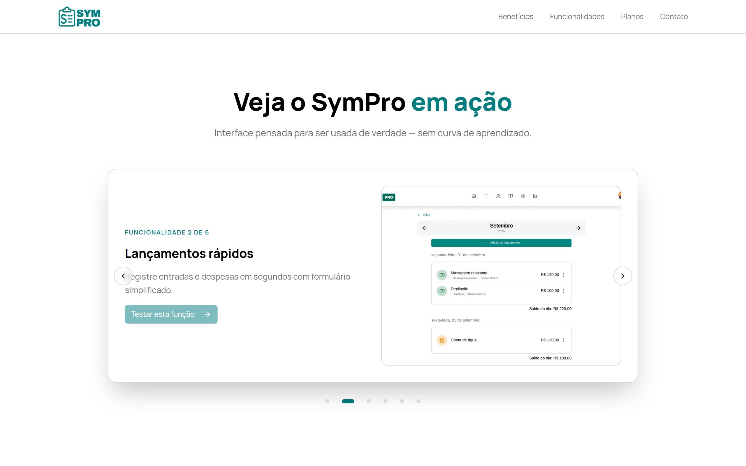 Seção de funcionalidades do SymPro