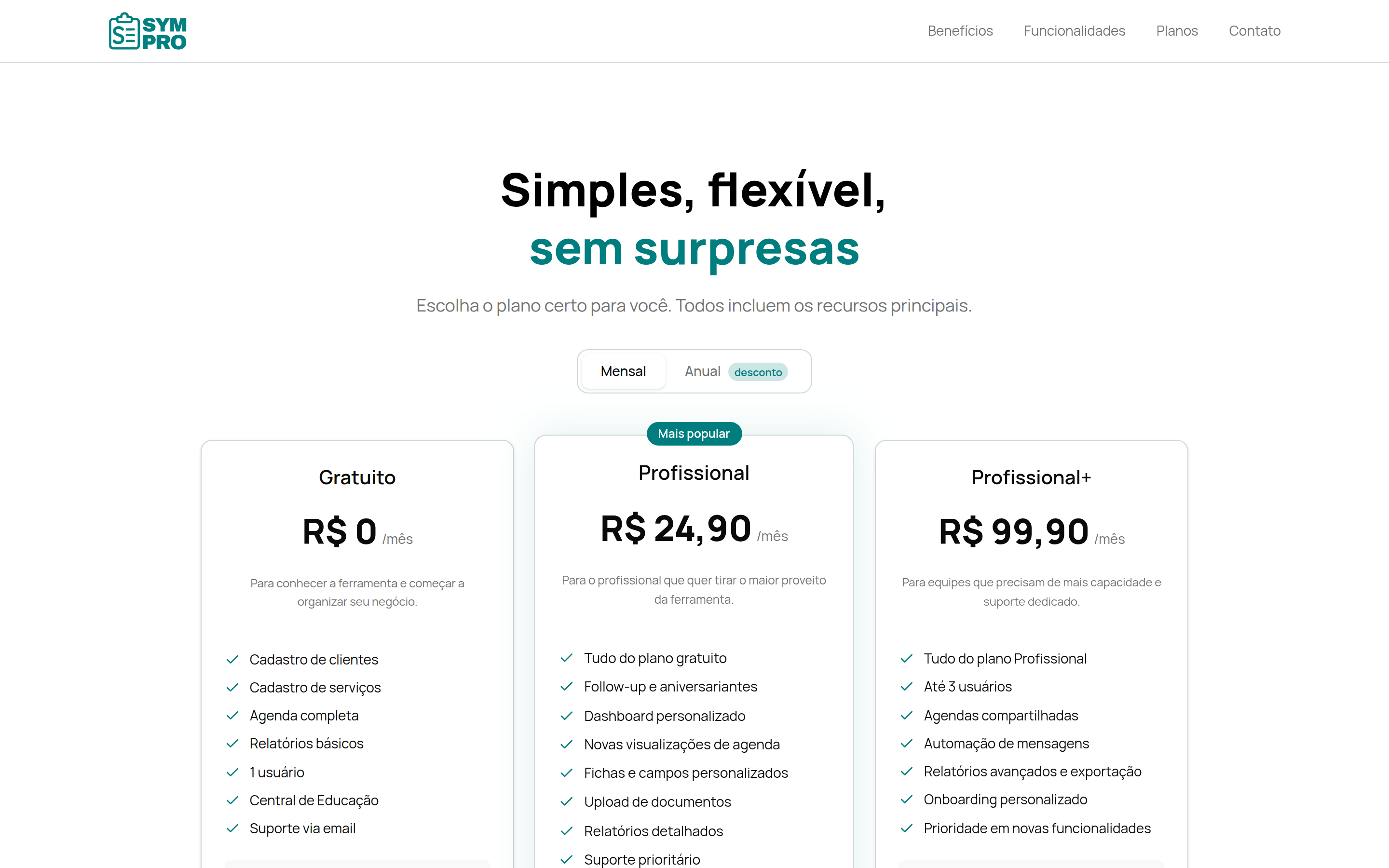 Planos e preços do SymPro