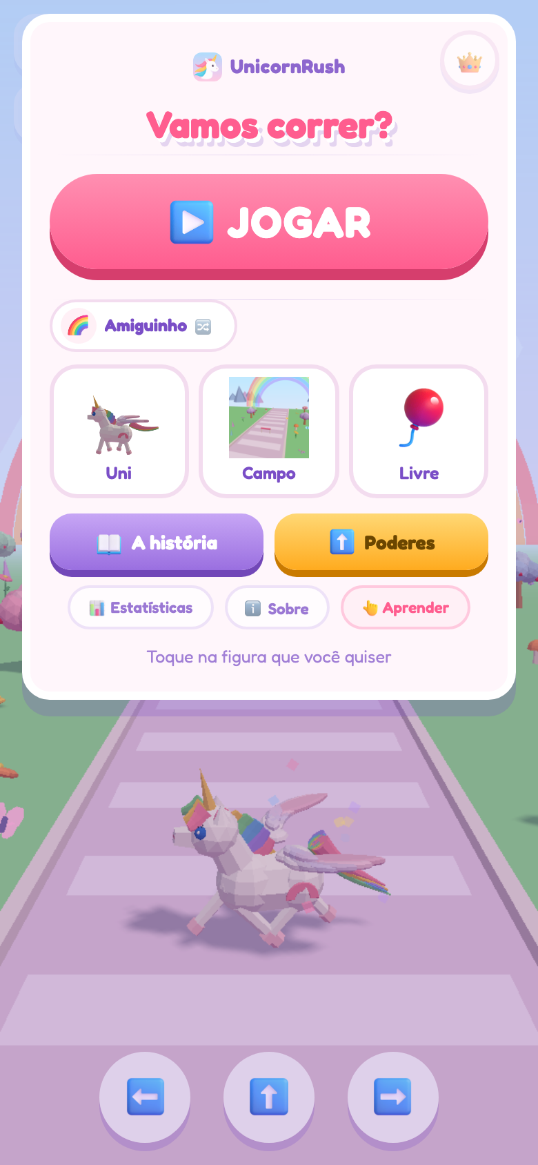 Tela inicial do jogo no celular, com o botão JOGAR e os controles de seta na parte de baixo