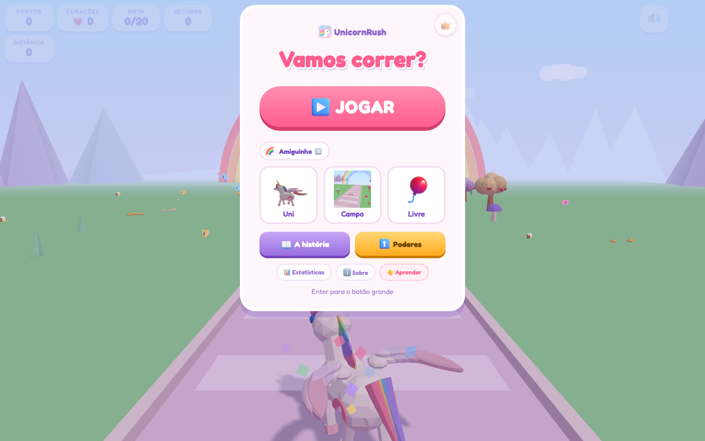 Tela inicial do jogo com o botão JOGAR e três figuras para trocar o unicórnio, a pista e a brincadeira
