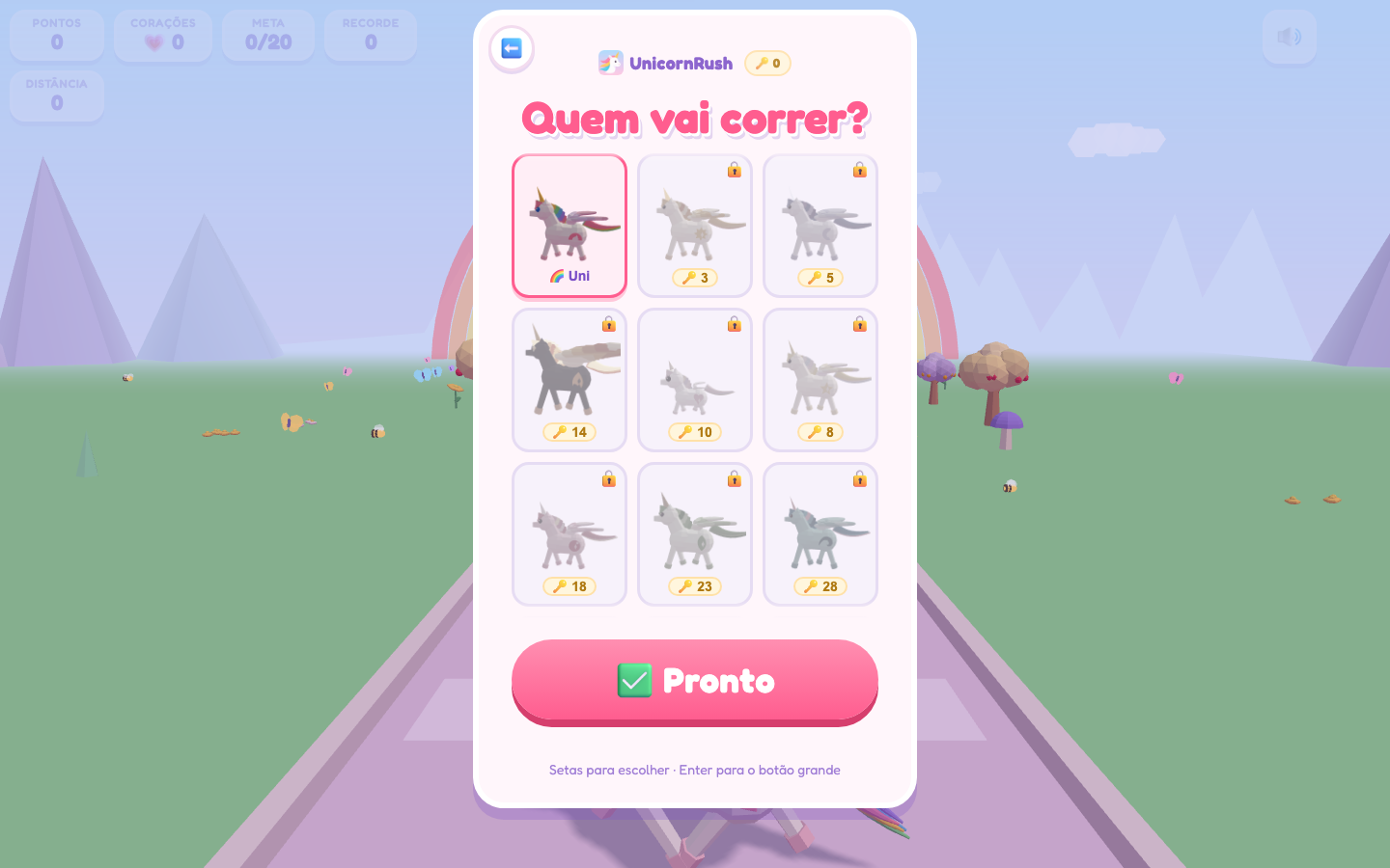 Grade de unicórnios com a Uni liberada e os demais trancados com o preço em chaves