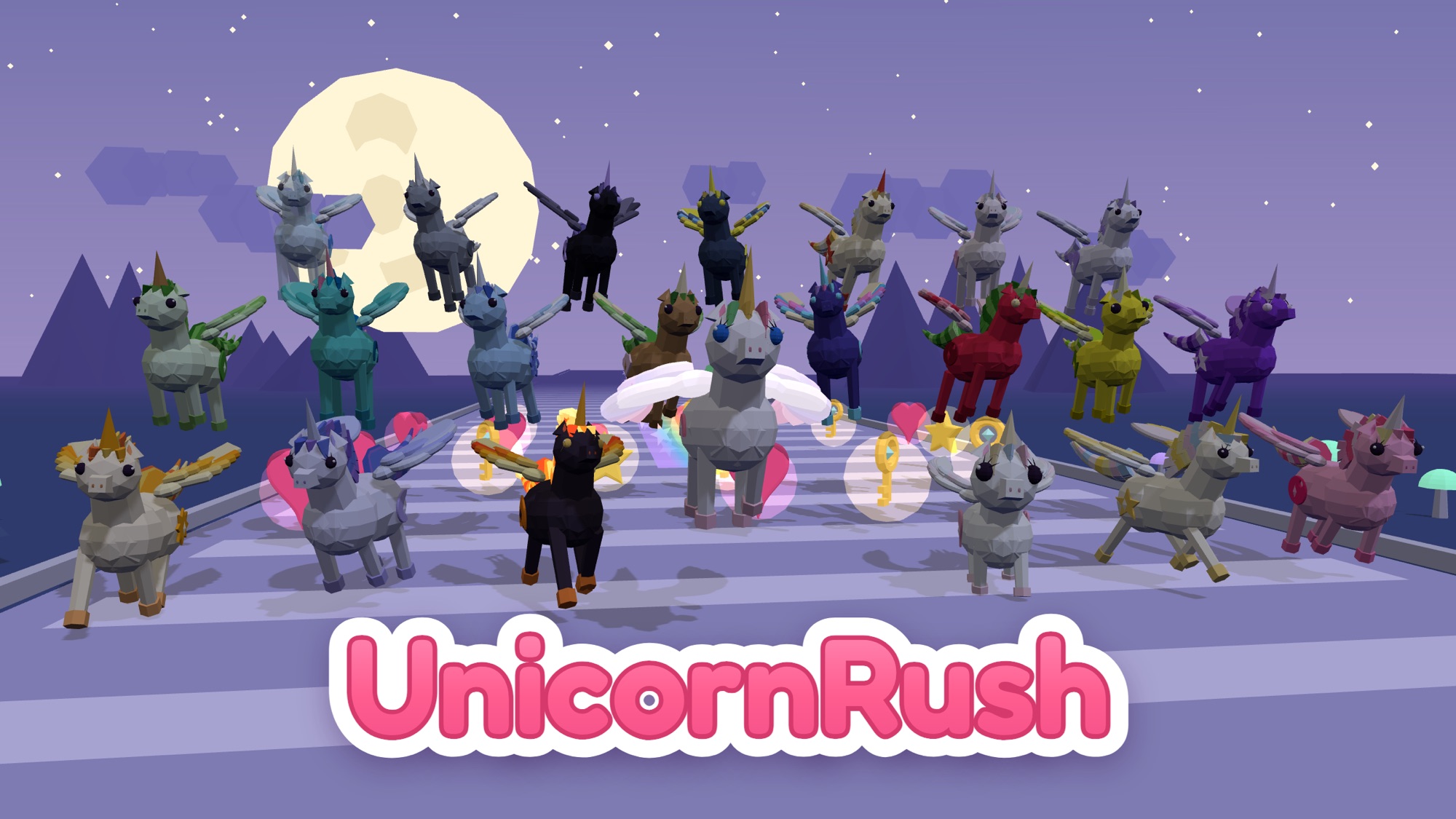 Os unicórnios na pista Noite sob a lua cheia, com o logotipo do UnicornRush
