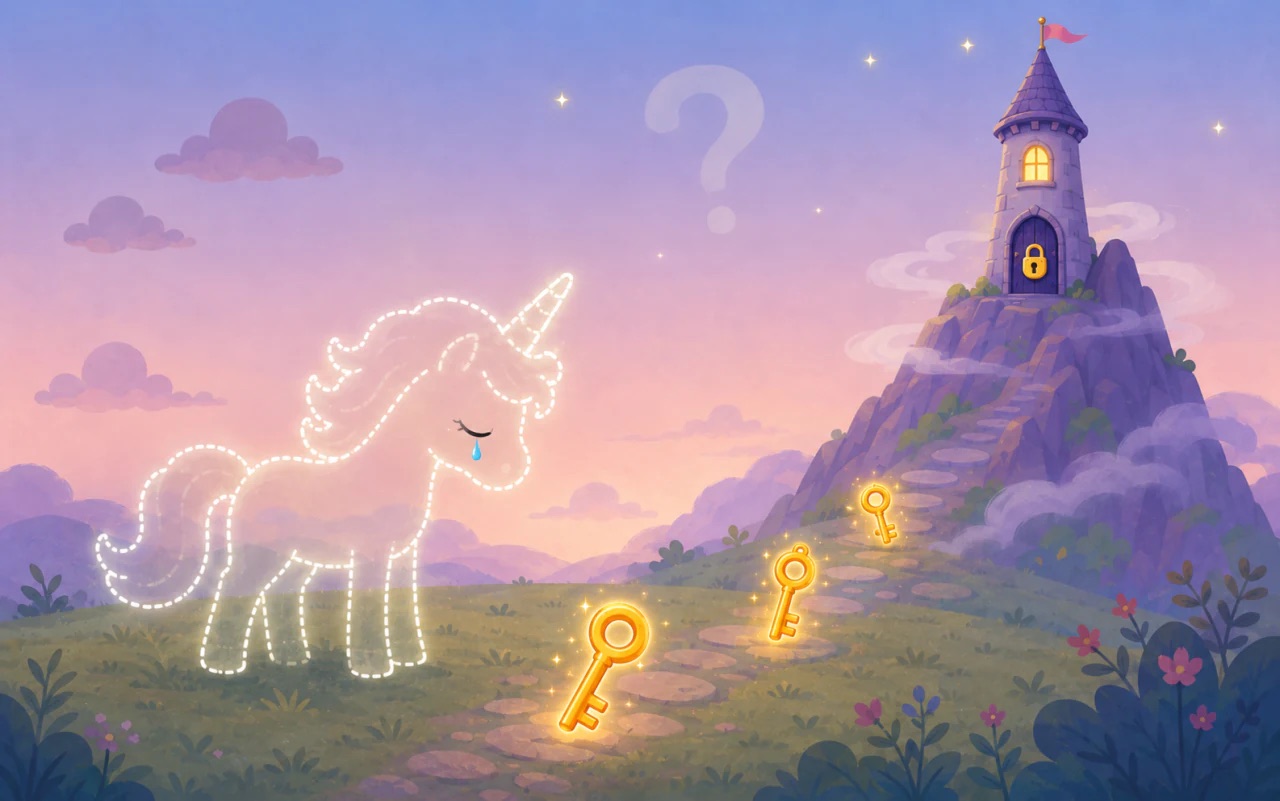 Ilustração do livro com a Uni em contorno luminoso diante de uma trilha de chaves douradas que sobe até uma torre trancada