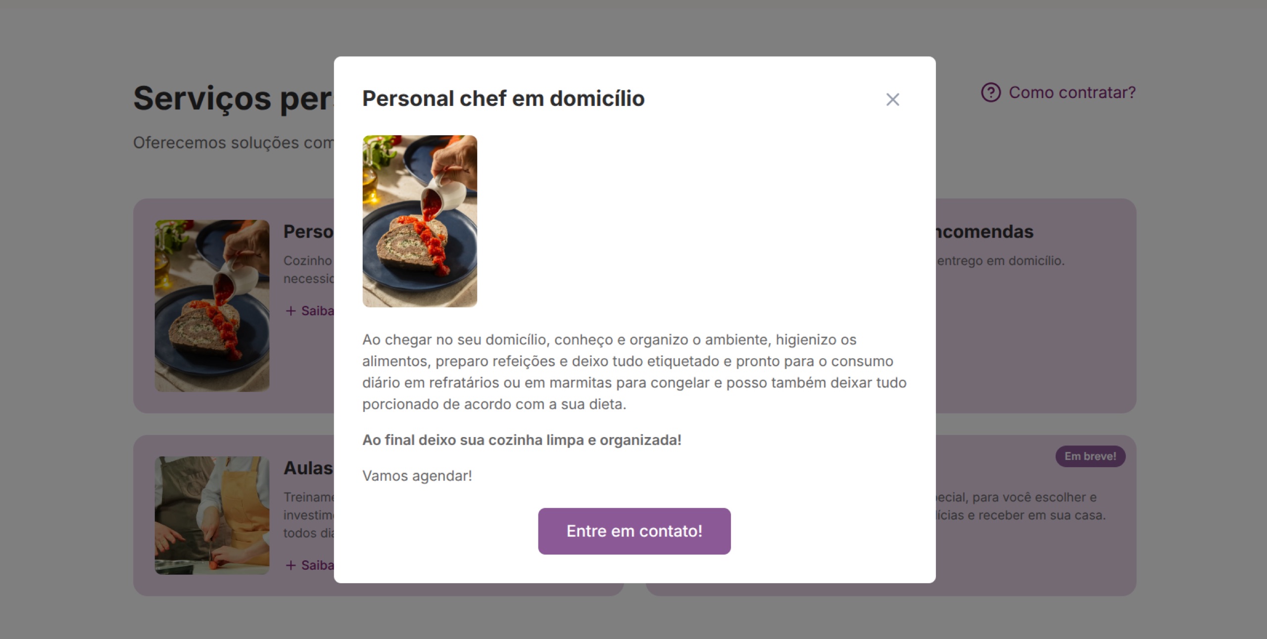 Modal do serviço de personal chef em domicílio