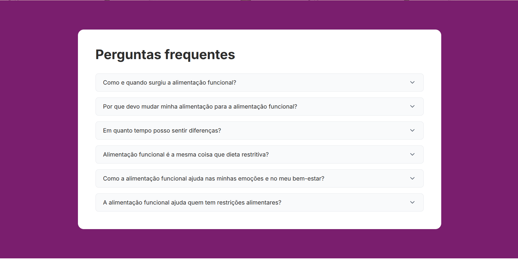 Seção de perguntas frequentes sobre alimentação funcional
