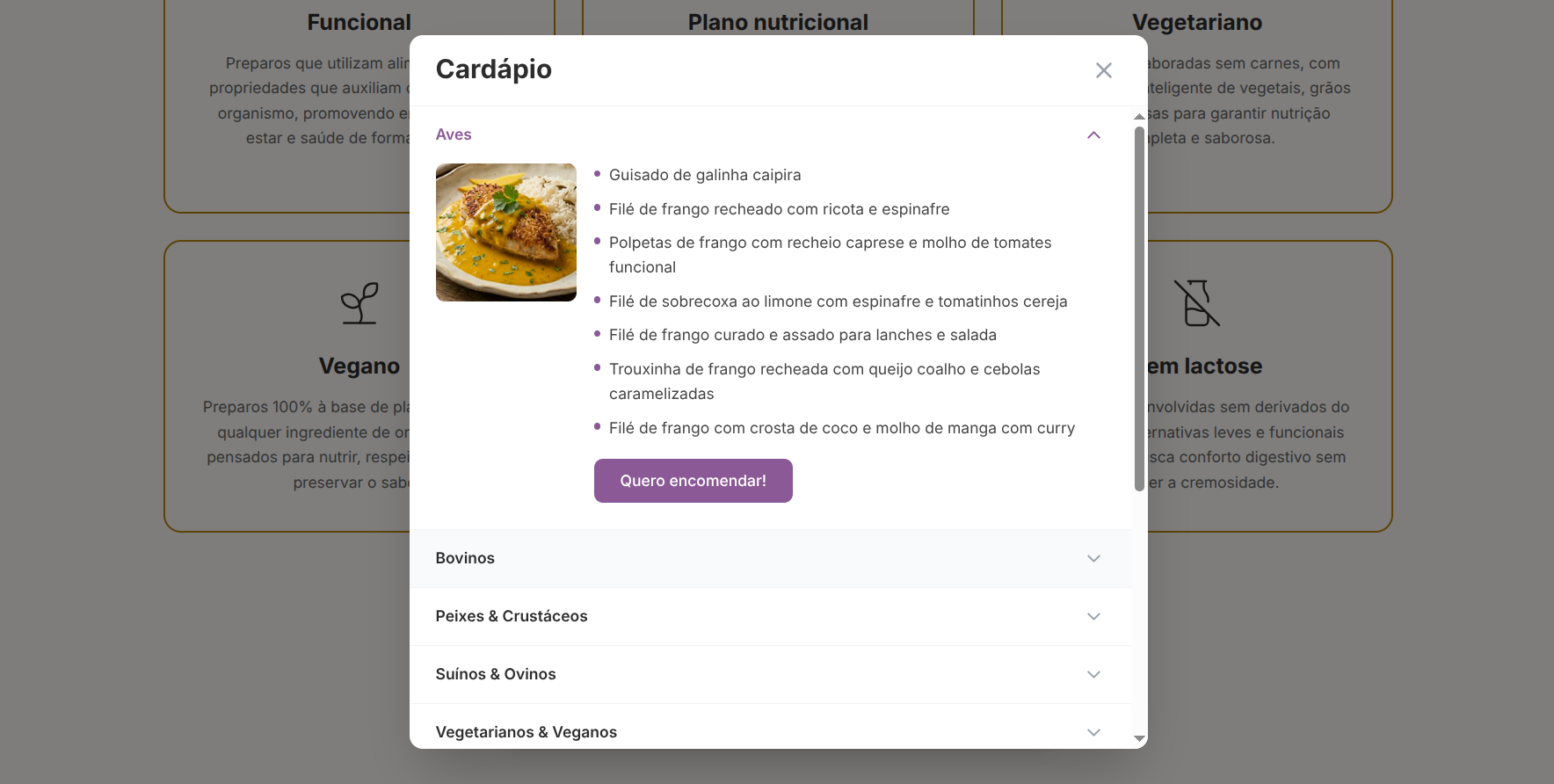 Modal do serviço de cardápio personalizado